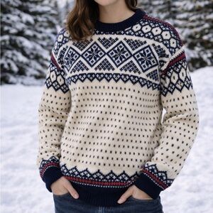 Vintage Dale of Norway Hand Knit Wool Fair Isle Cardigan Blue Red S